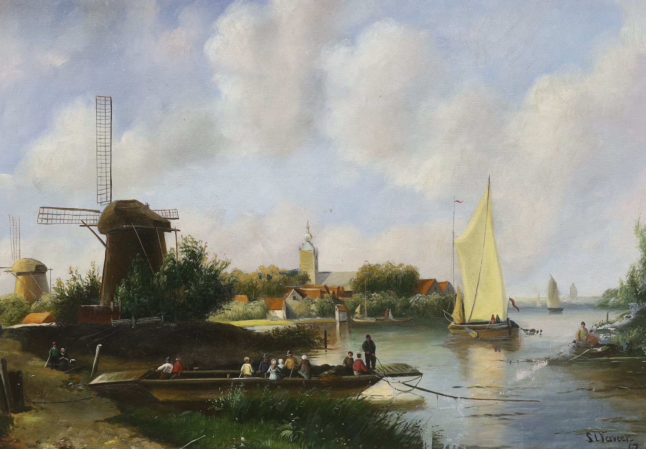 S.L.Verveer, oil on board, River landscape with windmills and figures in boats, signed and dated '67, 38 x 54cm